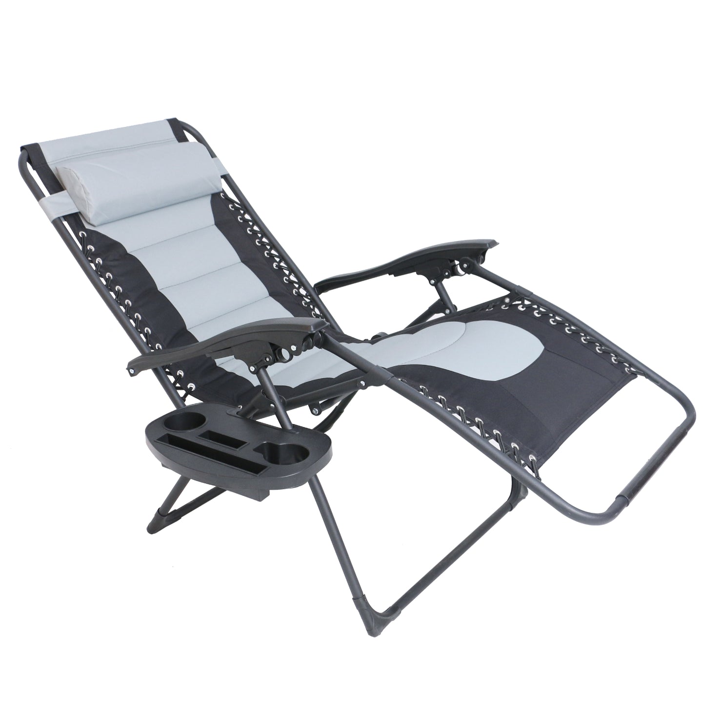 Oversized Padded Zero Gravity Recliner Folding Chaise Lounge, Outdoor Pool, Patio, Yard, XL Anti-Gravity Lounger Side Tray Cup Holder, Headrest Pillow (Grey/Black)