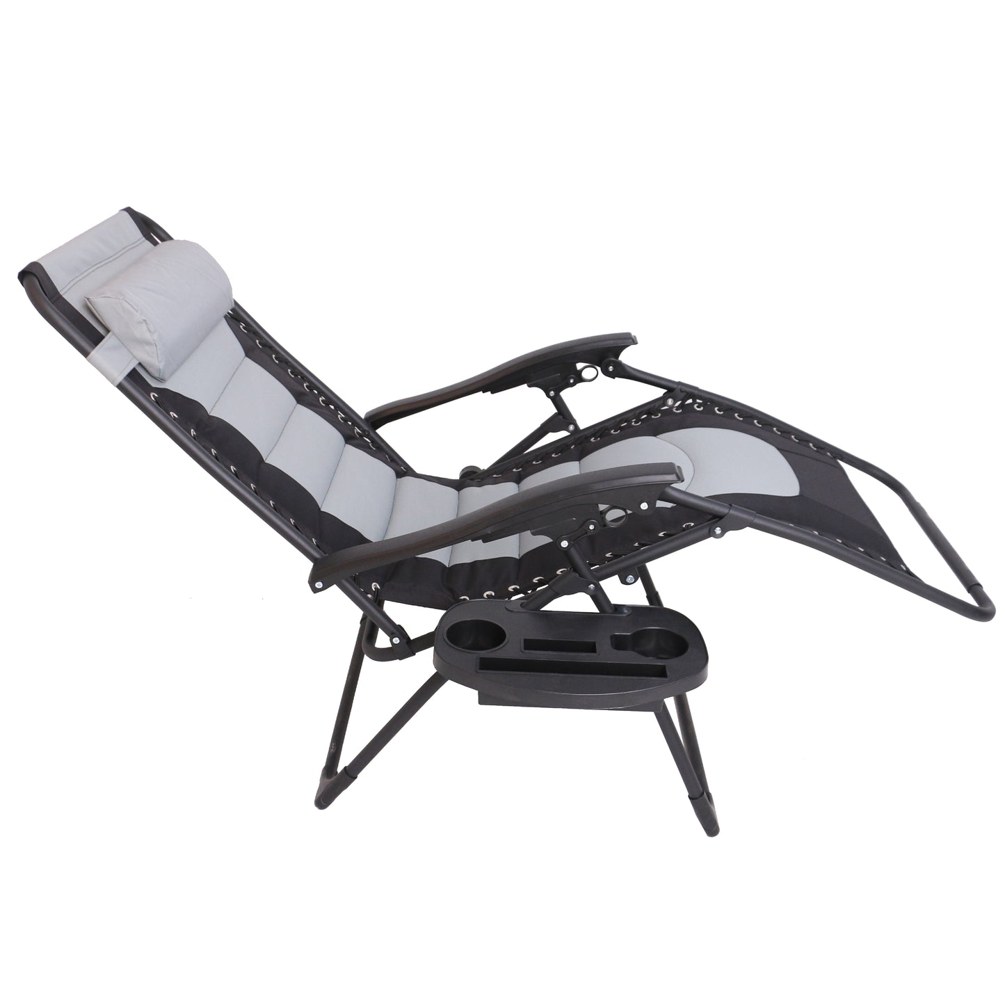 Oversized Padded Zero Gravity Recliner Folding Chaise Lounge, Outdoor Pool, Patio, Yard, XL Anti-Gravity Lounger Side Tray Cup Holder, Headrest Pillow (Grey/Black)