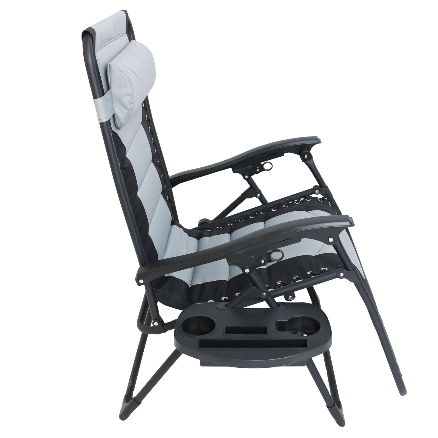 Oversized Padded Zero Gravity Recliner Folding Chaise Lounge, Outdoor Pool, Patio, Yard, XL Anti-Gravity Lounger Side Tray Cup Holder, Headrest Pillow (Grey/Black)