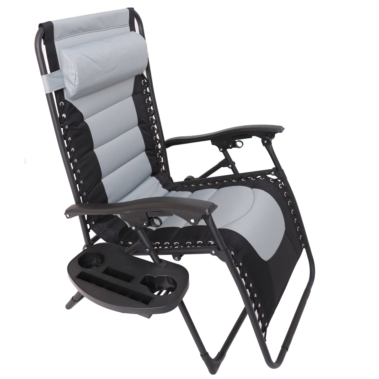 Oversized Padded Zero Gravity Recliner Folding Chaise Lounge, Outdoor Pool, Patio, Yard, XL Anti-Gravity Lounger Side Tray Cup Holder, Headrest Pillow (Grey/Black)