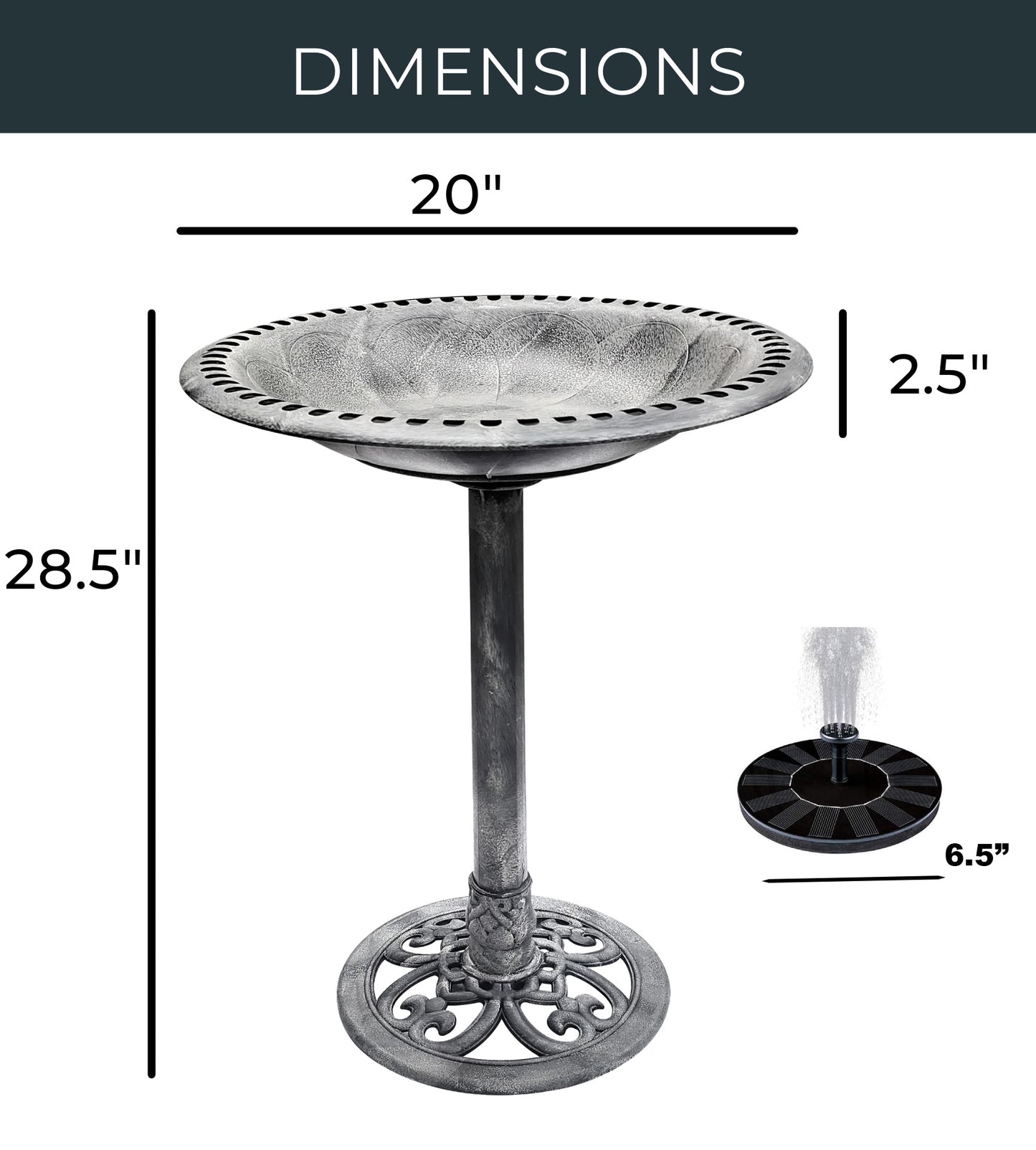 BTExpert - Birdbath Stone Gray 28" Height Outdoor Garden Decor Vintage Solar Pump Bird With Multiple Nozzles