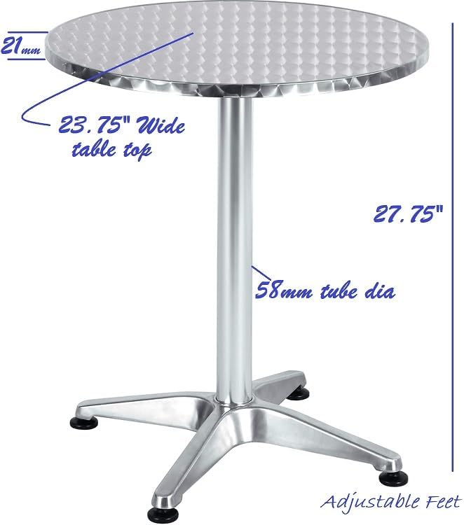 BTExpert Indoor Outdoor 23.75" Round Restaurant Table Stainless Steel Silver Aluminum + 3 Bronze Metal Slat Stack Chairs