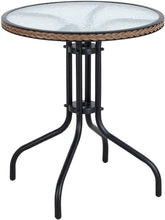 BTExpert Indoor Outdoor 28" Round Tempered Glass Metal Table Brown Rattan Trim + 3 Silver Gray Restaurant Metal Aluminum Slat Stack Chairs Lightweight