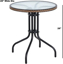 BTExpert Indoor Outdoor 28" Round Tempered Glass Metal Table Brown Rattan Trim + 3 Bronze Restaurant Metal Aluminum Slat Stack Chairs Lightweight