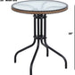 BTExpert 28" Round Glass Metal Table Brown Rattan Trim with 3 Silver Gray Slat Stack Chairs, Indoor Outdoor Lightweight