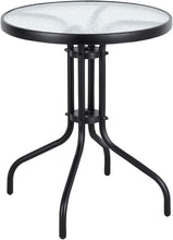 BTExpert Indoor Outdoor 23.75" Round Tempered Glass Metal Table Black + 2 Silver Gray Restaurant Metal Aluminum Slat Stack Chairs Lightweight