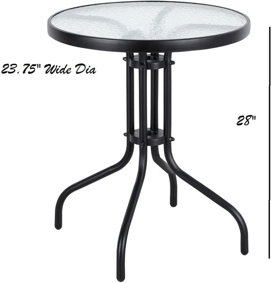 BTExpert Indoor Outdoor 23.75" Round Tempered Glass Metal Table Black + 2 Bronze Restaurant Metal Aluminum Slat Stack Chairs Lightweight