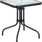 BTExpert 23.75" Square Glass Metal Table Black with 3 Silver Gray Slat Stack Chairs, Indoor Outdoor Lightweight