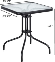 BTExpert Indoor Outdoor 23.75" Square Tempered Glass Metal Table Black + 4 Bronze Restaurant Metal Aluminum Slat Stack Chairs Commercial Lightweight