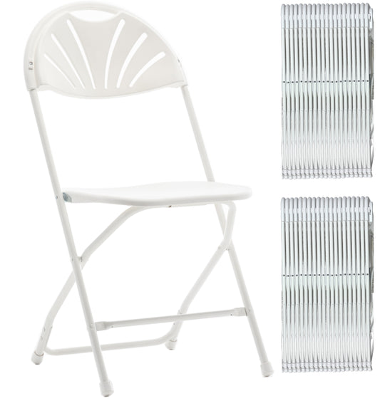 BTExpert White Plastic Folding Chair Fan Style, Steel Frame, Lightweight, High-Capacity for Events, Weddings, Parties - Set of 100