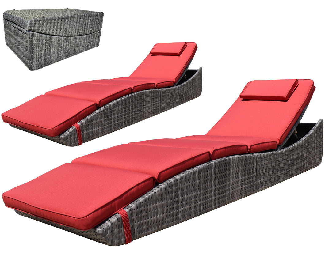 Foldable Outdoor Chaise Pool Lounge Chair Folding Wicker Rattan Sun bed Patio Couch Reclining lounger Adjustable Padded Backrest Pillow Assembled - Red Burgundy Set of 2