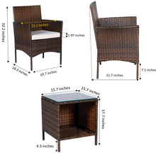 BTExpert Outdoor Wicker Conversation?á3 piece Bistro Set Garden Patio Yard Porch Furniture Space Saving Pe Rattan Two Chairs Cushions Side storage Glass Table Brown/ Beige 3pc Set