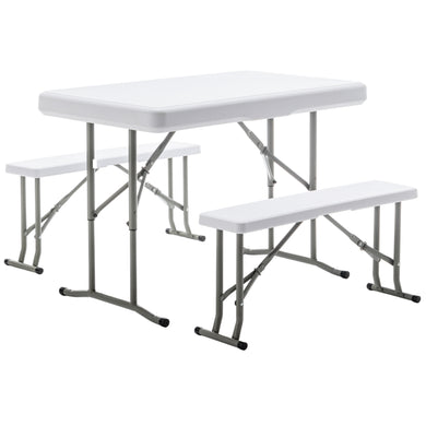 Heavy Duty Plastic Portable Folding Beer Picnic Table & two Benches Seats foldable Carrying Handle White Party RV Patio Dining Event Camping Outdoor Activity Commercial Family Home Garden