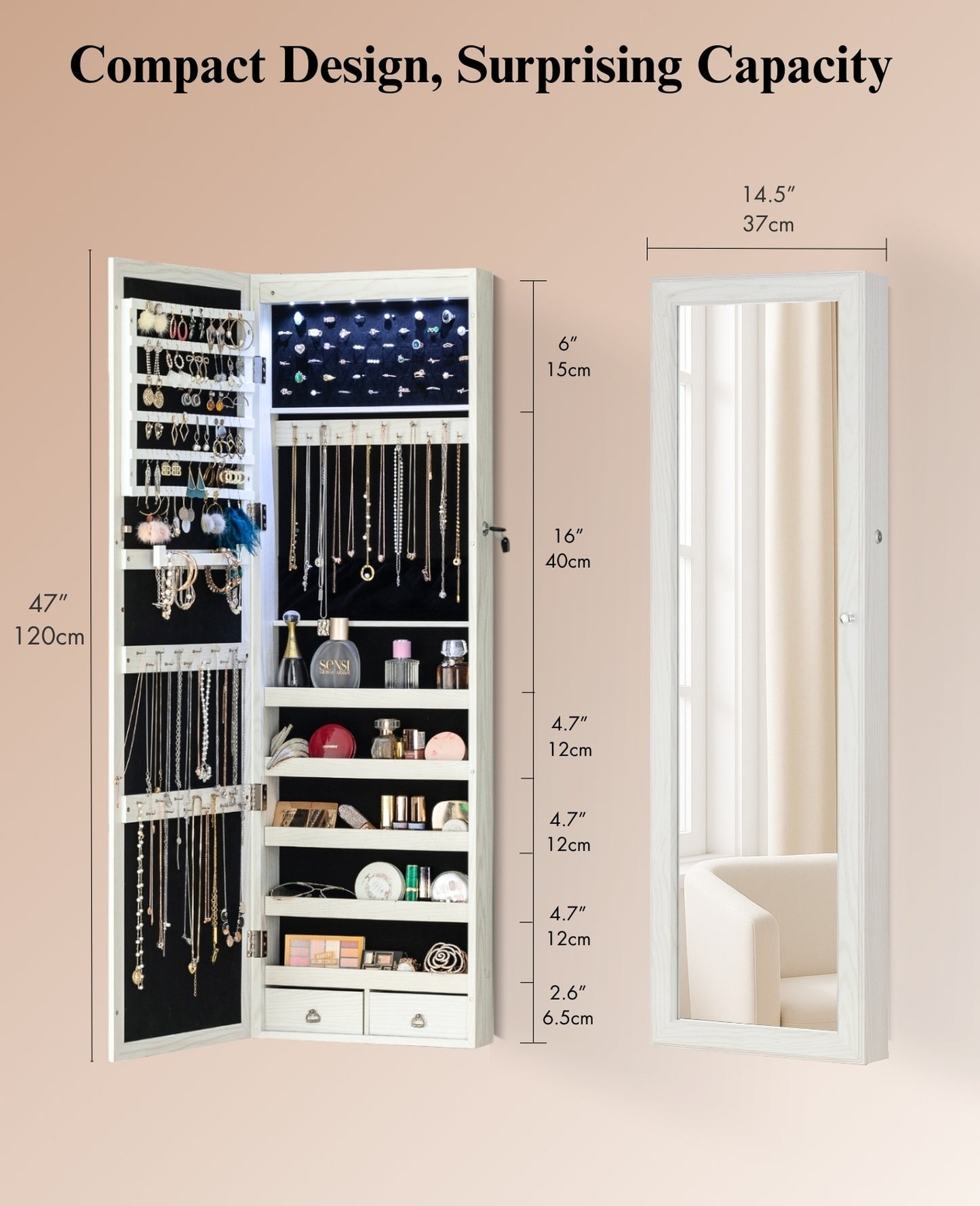 BTEXPERT 47" Mirror Jewelry Cabinet Armoire with 6 LED Lights, Large Full Length Jewelry Organizer with Storage, Wall-Mounted or Door-Hanging Mirror Cabinet, Dove White, Lock Key