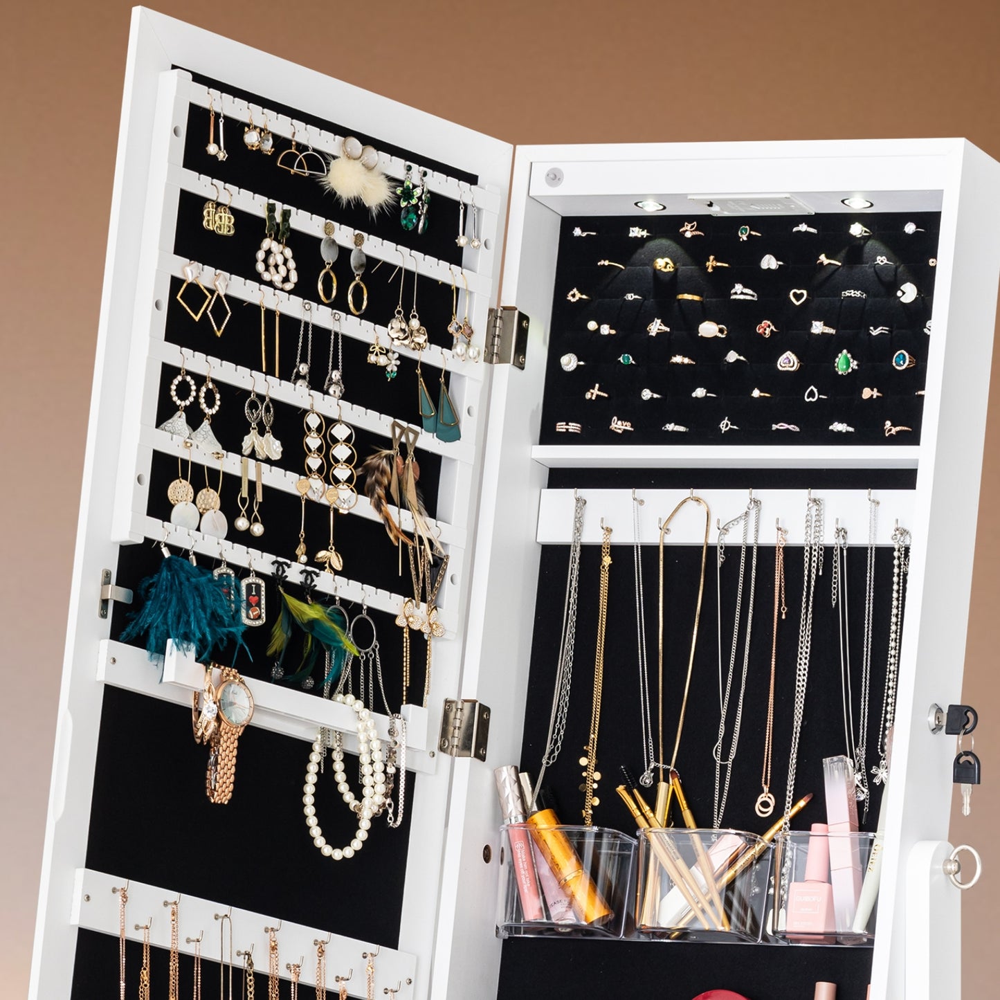 BTEXPERT Mirror Jewelry Cabinet Standing, Large Storage Jewelry Armoire, Full-Length  Mirror with Jewelry Storage, 12 LED Lockable Standing Jewelry Organizer White