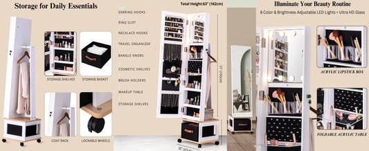 BTEXPERT 360 Swivel Jewelry Cabinet Armoire, Standing with Lights, Lockable Jewelry Organizer, 63" Rotating Full Length Frameless Mirror with Storage, 4 Wheels, White Lock Key