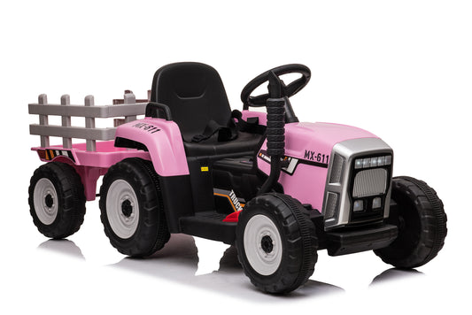 Btexpert Ride on Tractor with Detachable Trailer, 12 V Pink Tractor Toy for Kids 3+