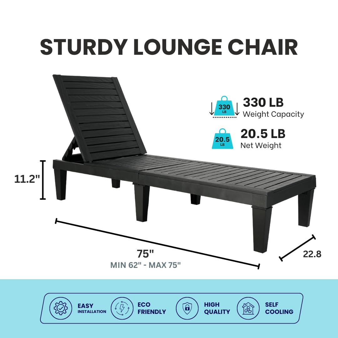 BTExpert Foldable Outdoor Lounge Chair Black Waterproof Recliners with Adjustable - Set of 2