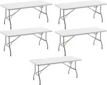 BTExpert Fold-in-Half Folding Utility Table 6 Feet 72"x 29.5" Lightweight Portable Carrying Handle Indoor Outdoor Picnic Camping Office Home Party Wedding Event Easy to Clean Store Care White Set of 5
