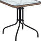 BTExpert 28" Square Glass Metal Table Brown Rattan Trim with 3 Silver Gray Slat Stack Chairs, Indoor Outdoor Lightweight
