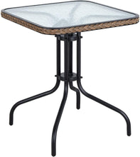 BTExpert Indoor Outdoor 28" Square Tempered Glass Metal Table Brown Rattan Trim + 3 Silver Gray Restaurant Metal Aluminum Slat Stack Chairs Lightweight