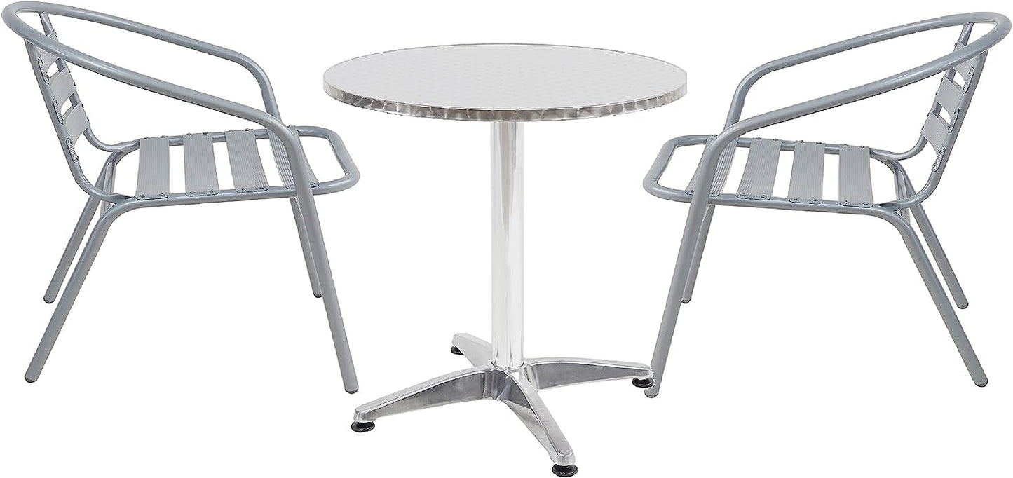 BTExpert 23.75" Round Stainless Steel Table + 2 Silver Gray Slat Chairs, Indoor Outdoor Commercial Lightweight