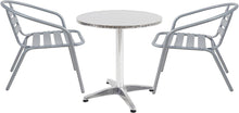 BTExpert Indoor Outdoor 23.75" Round Restaurant Table Stainless Steel Silver Aluminum + 2 Silver Gray Metal Slat Stack Chairs Commercial Lightweight
