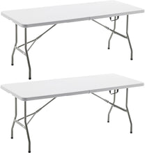 BTExpert Fold-in-Half Folding Utility Table 6 Feet 72"x 29.5" Lightweight Portable Carrying Handle Indoor Outdoor Picnic Camping Office Home Party Wedding Event Easy to Clean Store Care White Set of 2