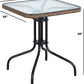 BTExpert 28" Square Glass Metal Table Brown Rattan Trim with 3 Silver Gray Slat Stack Chairs, Indoor Outdoor Lightweight