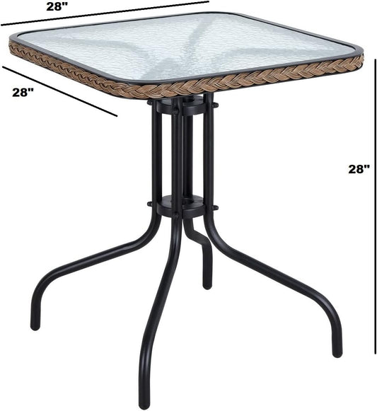 BTExpert Indoor Outdoor 28" Square Glass Metal Table Brown Rattan Trim + 4 Bronze Metal Aluminum Slat commercial Chairs
