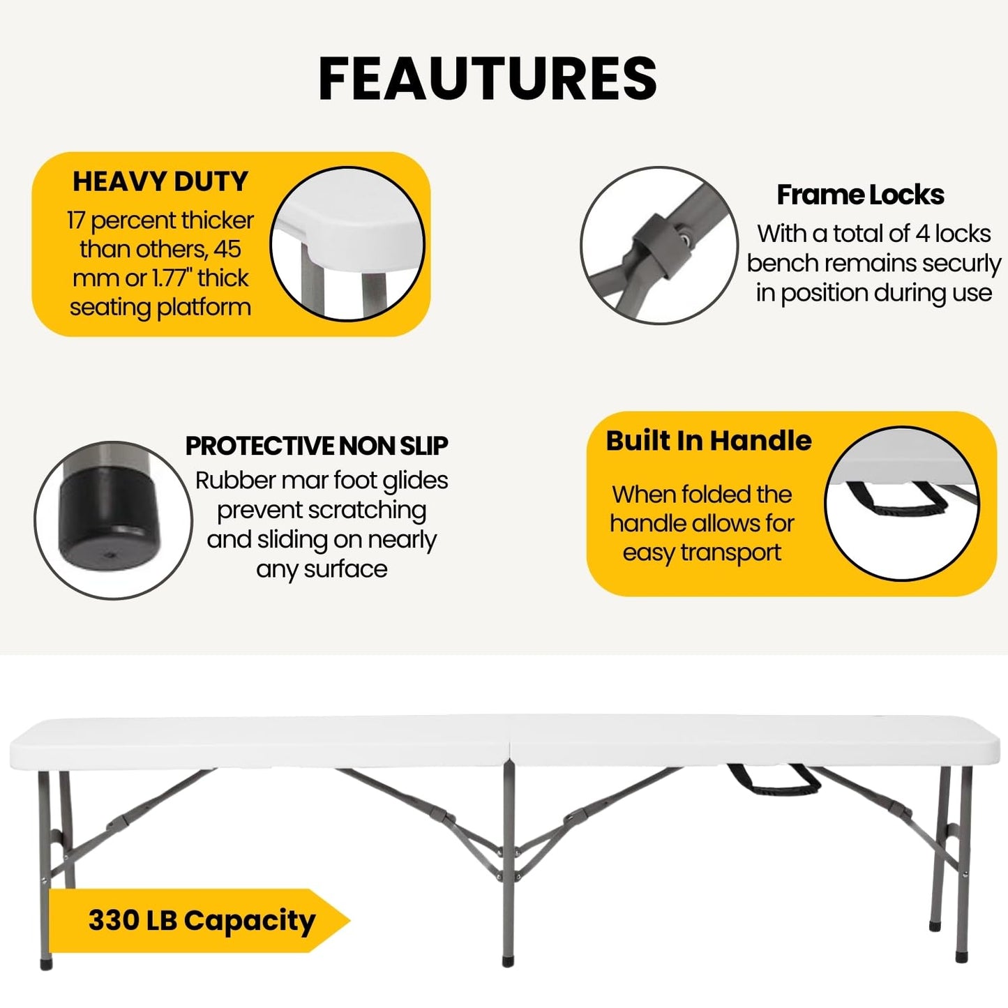 BTExpert 6 feet Plastic Folding Bench Indoor Outdoor Portable Picnic Party Garden Dining Seat Camping Soccer Multipurpose Activities w/Handle UV Waterproof Steel Frame Stackable Fold-in-Half Set of 5