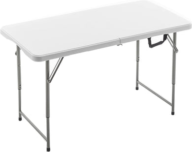 BTExpert Fold-in-Half Folding Utility Table 4 Feet Lightweight Height Adjustable Portable Carrying Handle Indoor Outdoor, Picnic Camping Office Home Party Convenient Easy to Clean Store & Care White