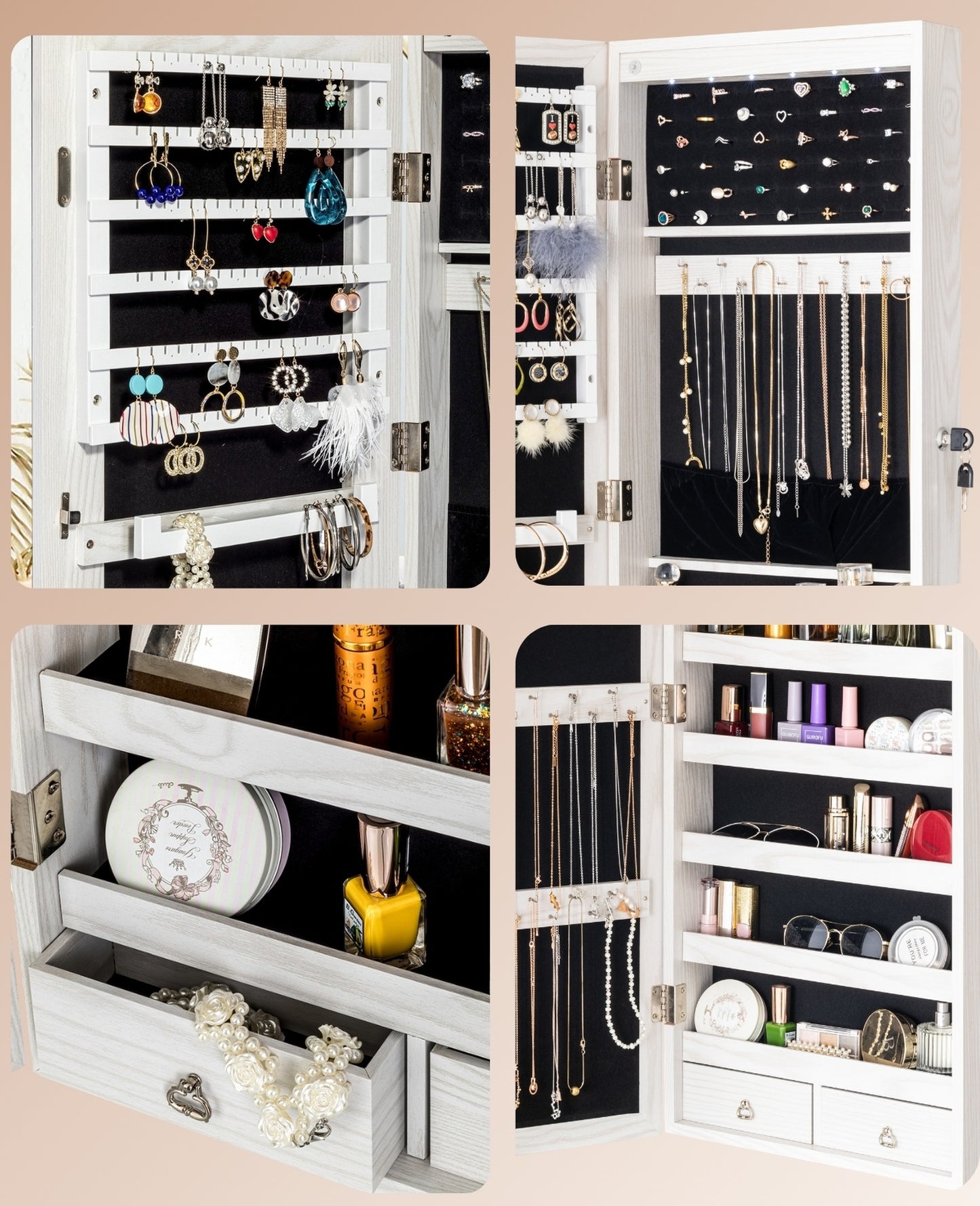 BTEXPERT 47" Mirror Jewelry Cabinet Armoire with 6 LED Lights, Large Full Length Jewelry Organizer with Storage, Wall-Mounted or Door-Hanging Mirror Cabinet, Dove White, Lock Key