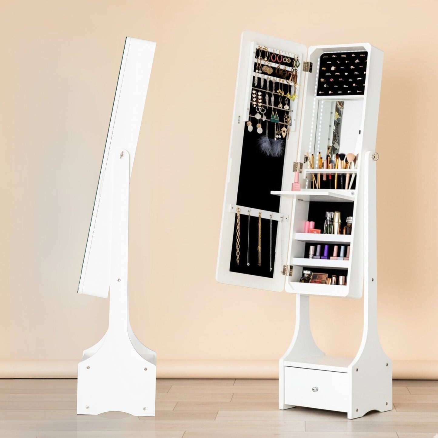 BTEXPERT Mirror Jewelry Cabinet , Large Storage Jewelry Armoire, Full-Length Frameless Mirror Jewelry Storage, 12 LED Lockable Jewelry Organizer White