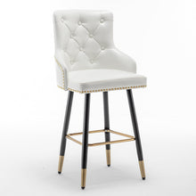 BTEXPERT Set of 4 Premium upholstered Dining 33" High Back Stool Bar Chairs, White PU Leather Tufted Gold Nail head Trim