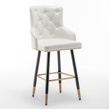 BTEXPERT Set of 2 Premium upholstered Dining 33" High Back Stool Bar Chairs, White PU Leather Tufted Gold Nail head Trim