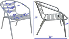 BTExpert Indoor Outdoor 27.5" Round Restaurant Table Stainless Steel Silver Aluminum + 3 Silver Gray Metal Slat Stack Chairs Commercial Lightweight