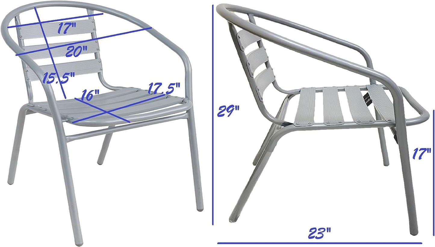 BTExpert 23.75" Round Stainless Steel Table + 2 Silver Gray Slat Chairs, Indoor Outdoor Commercial Lightweight