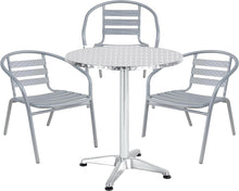 BTExpert Indoor Outdoor 27.5" Round Restaurant Table Stainless Steel Silver Aluminum + 3 Silver Gray Metal Slat Stack Chairs Commercial Lightweight
