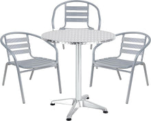 BTExpert Indoor Outdoor 23.75" Round Restaurant Table Stainless Steel Silver Aluminum + 3 Silver Gray Metal Slat Stack Chairs Commercial Lightweight