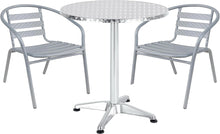 BTExpert Indoor Outdoor 27.5" Round Restaurant Table Stainless Steel Silver Aluminum + 2 Silver Gray Metal Slat Stack Chairs Commercial Lightweight