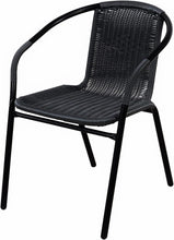 BTExpert Indoor Outdoor 27.5" Round Restaurant Table Stainless Steel Silver Aluminum + 3 Black Restaurant Rattan Stack Chairs Commercial Lightweight