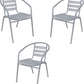 BTExpert 28" Square Glass Metal Table Brown Rattan Trim with 3 Silver Gray Slat Stack Chairs, Indoor Outdoor Lightweight