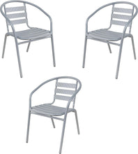 BTExpert Indoor Outdoor 23.75" Round Restaurant Table Stainless Steel Silver Aluminum + 3 Silver Gray Metal Slat Stack Chairs Commercial Lightweight