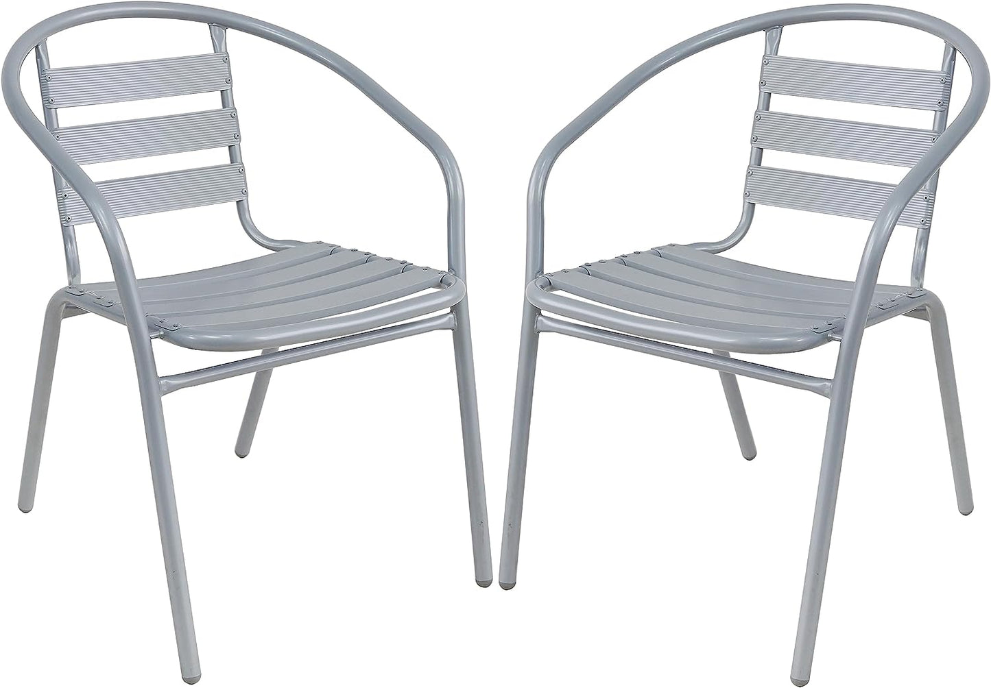 BTExpert 23.75" Round Stainless Steel Table + 2 Silver Gray Slat Chairs, Indoor Outdoor Commercial Lightweight