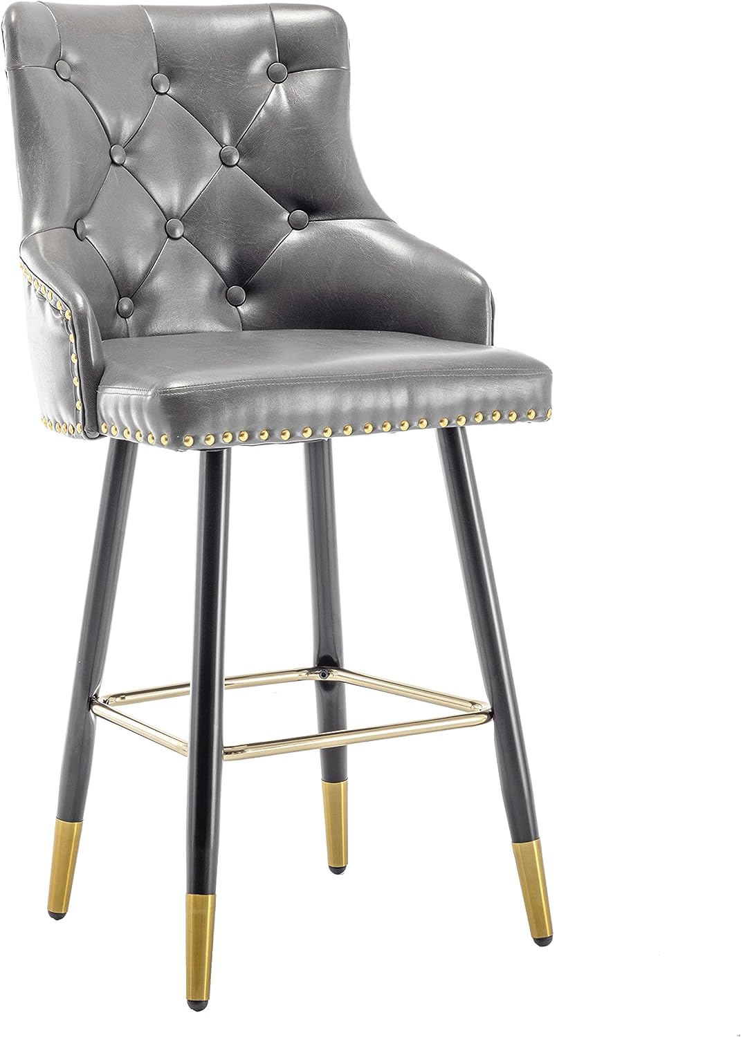 BTEXPERT Set of 4 Premium Upholstered 33" High Back Bar Stools, Gray PU Leather with Gold Nail Head Trim