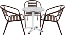 BTExpert Indoor Outdoor 23.75" Round Restaurant Table Stainless Steel Silver Aluminum + 3 Bronze Metal Slat Stack Chairs Commercial Lightweight