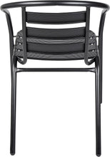 BTExpert Indoor Outdoor 27.5" Square Restaurant Table Stainless Steel Silver Aluminum + 3 Black Metal Slat Stack Chairs Commercial Lightweight