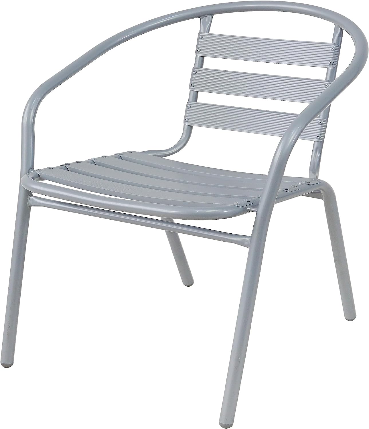 BTExpert Indoor Outdoor 27.5" Round Restaurant Table Stainless Steel Silver Aluminum + 4 Silver Gray Metal Slat Stack Chairs Lightweight