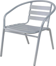 BTExpert Indoor Outdoor 27.5" Round Restaurant Table Stainless Steel Silver Aluminum + 3 Silver Gray Metal Slat Stack Chairs Commercial Lightweight